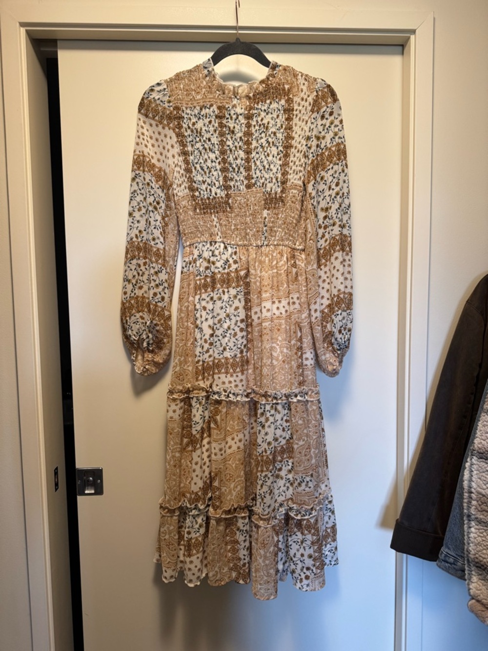 Petal & Pup Cream and Tan Patchwork Boho Tiered Midi Dress
